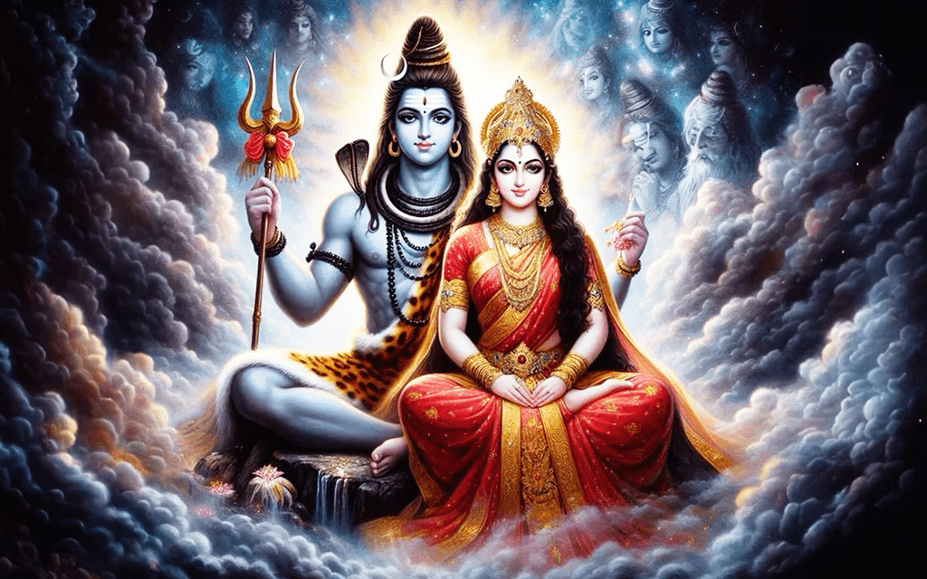 Symbolic depiction of Shiva and Parvati union balancing masculine and feminine energies