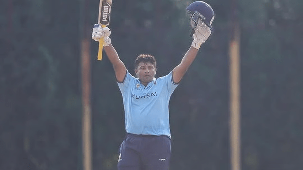 Sarfaraz Khan celebrating big score showcasing dominance in Vijay Hazare Trophy season