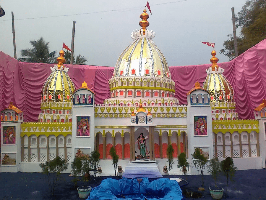 Elaborate Saraswati Puja pandal reflecting eastern India cultural celebration style