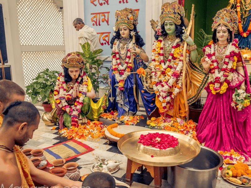 Ram Navami puja setup with flowers fruits and sacred offerings at home