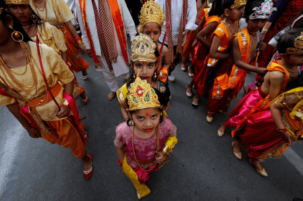 Children decorating cradle for Ram Lalla during Ram Navami celebration