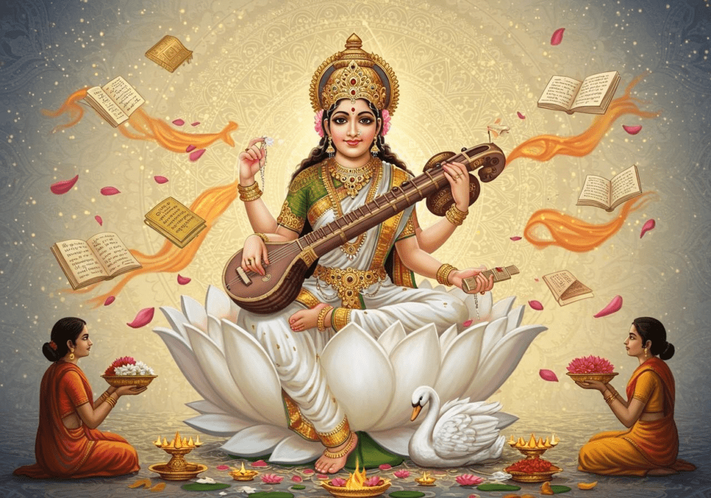 Goddess Saraswati symbolizing knowledge, learning, music, and wisdom during Saraswati Puja