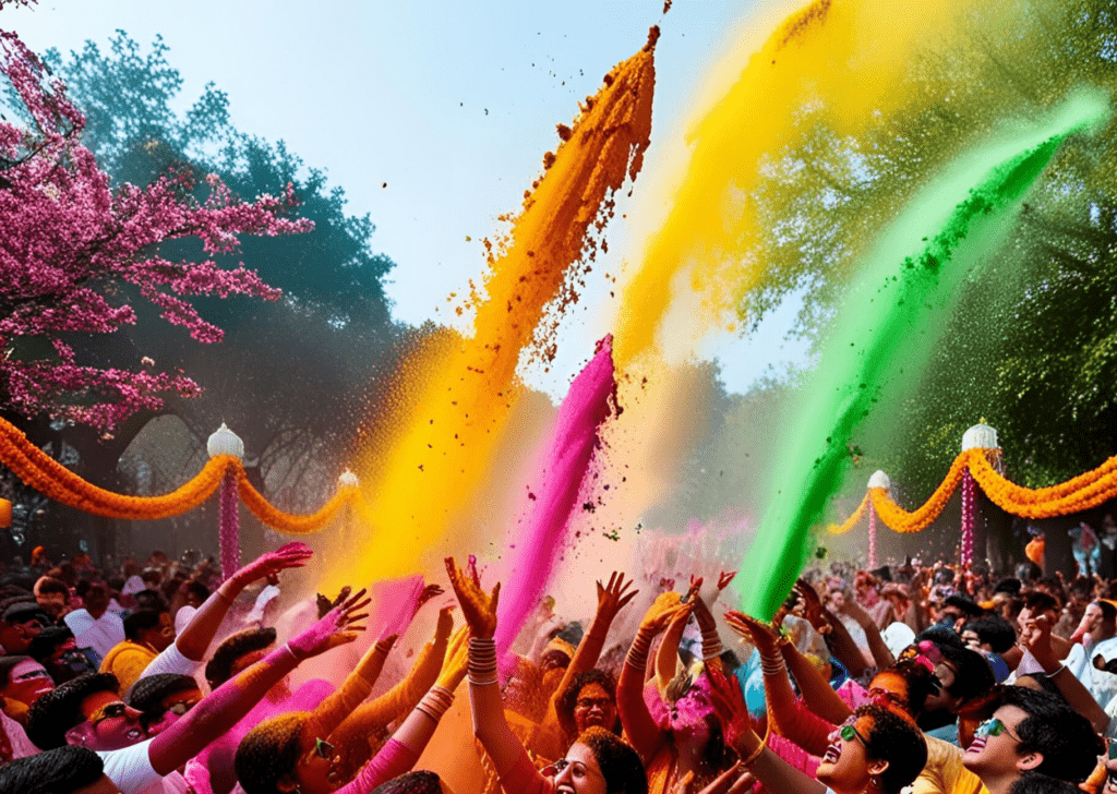 Transition from Holika Dahan fire ritual to vibrant colour festivities